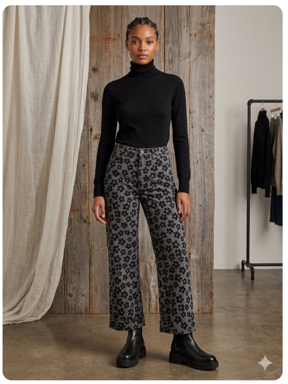 Kitri Faith Floral Print Trouser Jeans in Grey/ Black Wide Leg Cuffed size 10 - Picture 1 of 11